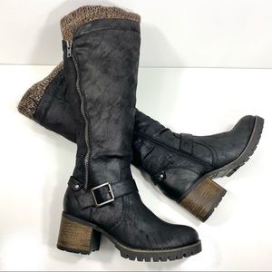 Crown Vintage Chelie Tall Black Vegan Leather Lug Sole Harness Biker Moto Boots